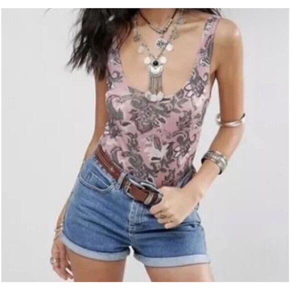 Intimately Free People Top XS Pink Freesia Paisley Mesh Bodysuit Coquette - Picture 1 of 13